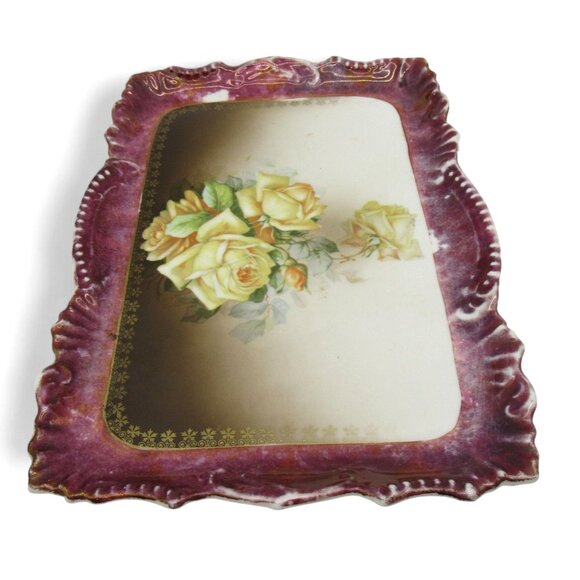 BAVARIA PORCELAIN Tray with Yellow Roses Scalloped Edges Germany Vintage - Picture 2 of 10